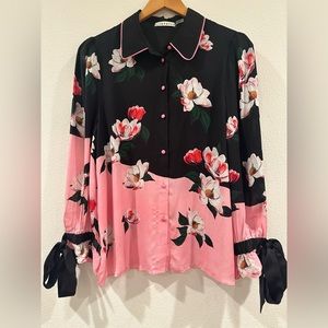 ALICE AND OLIVIA WILLA PINK FLORAL TIE SLEEVE BLOUSE SIZE XL